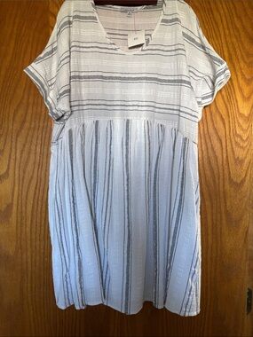 white birch White and Black Striped V-Neck Mini Dress